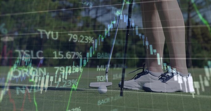 Showing golfer's legs preparing to putt on putting green, with putter club and market overlay - Powered by Adobe