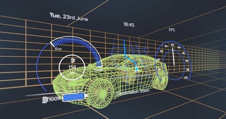 Obraz premium Displaying green wireframe sports car model in virtual space, with eco gauge and HUD elements