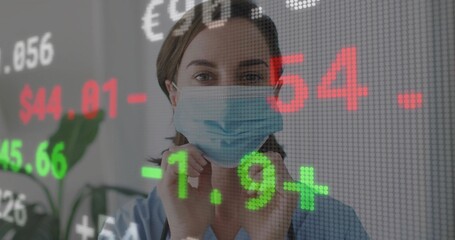 Adjusting surgical mask female medic in blue scrubs in clinic, with potted plant and ticker overlay