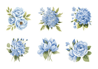 Blue watercolor hydrangea bouquet with leaves. Watercolor rose bouquet cluster with foliage. © Joydeb