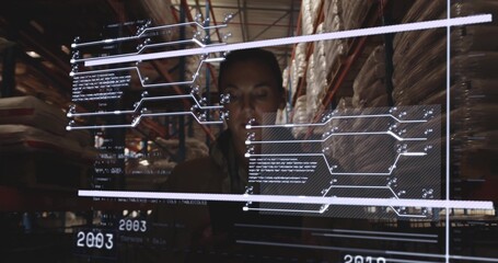 Scanning worker in workwear using holographic interface in warehouse aisle, with racks and pallets