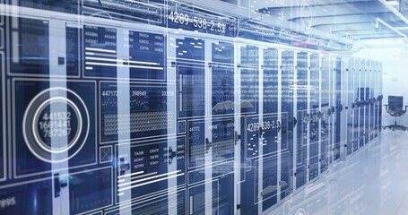 Displaying server racks showing cables lining center hall, floating AR overlays and rolling chair