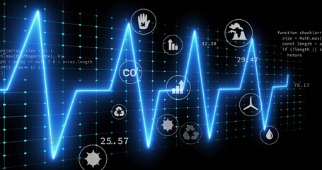 Displaying glowing blue waveform oscillating over grid interface, with CO? icon and code overlay