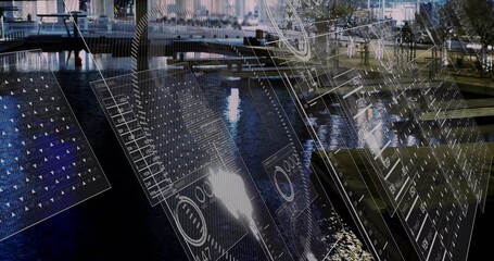 Displaying futuristic holographic data panels over waterfront pier at night, with wooden benches