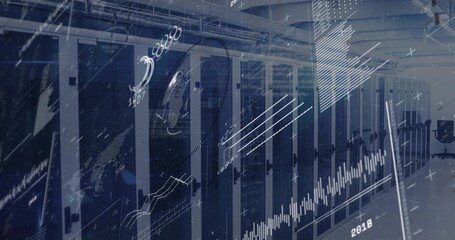 Displaying server racks showing analytics overlays in data center corridor, with office chair