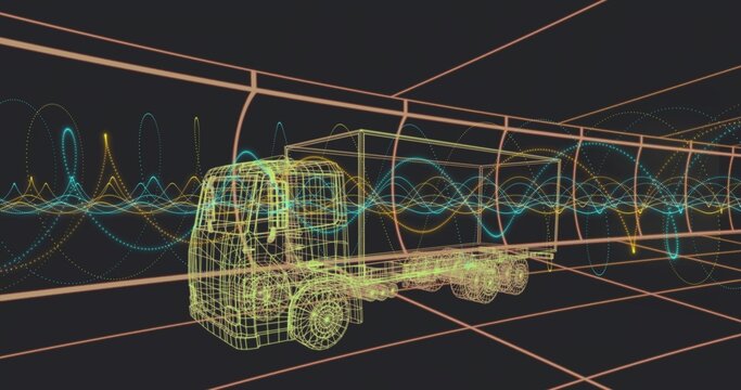 Rendering neon wireframe cargo truck hovering within 3D grid tunnel, with blue-yellow wave loops