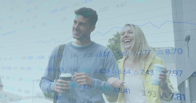 Walking couple in jacket carrying backpack, holding coffee cups on sidewalk with chart overlay