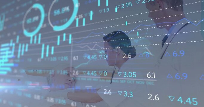 Listening nurse using stethoscope on gowned patient on exam bed in hospital with digital overlay