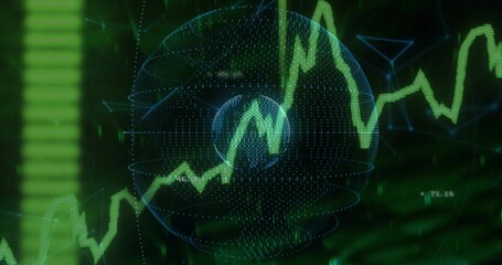 Displaying dotted globe showing green line chart with numeric labels and green bars on dashboard