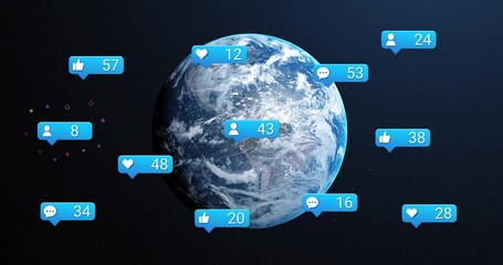 Floating Earth globe in black space, with blue notification icons and decorative geometric shapes
