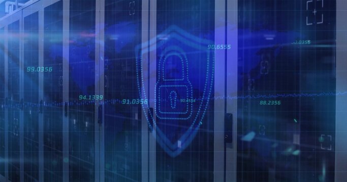 Shield icon with lock hovering in data center, with server racks, LED indicators and grid overlay