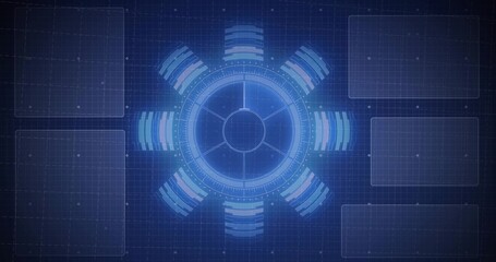 Displaying central circular HUD on futuristic dashboard with radial gauges, grid overlay, panels