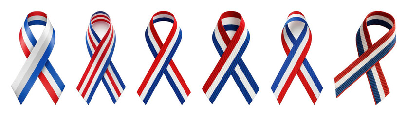 Obraz premium Red white and blue striped ribbon set including various looped and bow shapes isolated. Patriotic celebration and support design elements.