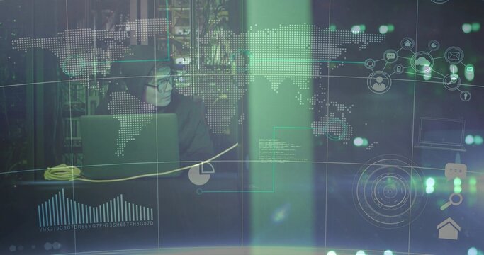 Analyzing network data while Korean analyst typing on laptop amid server racks with green overlays - Powered by Adobe