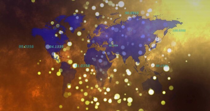 Translucent world map showing data on textured amber background, with glowing bokeh, numeric labels
