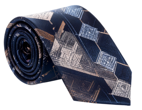 Textured geometric pattern silk tie rolled up isolated on transparent background.