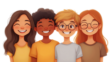 Happy Freshmen Students of Different Nationalities Hugging Together isolated on a white transparent background