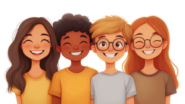 Happy Freshmen Students of Different Nationalities Hugging Together isolated on a white transparent background