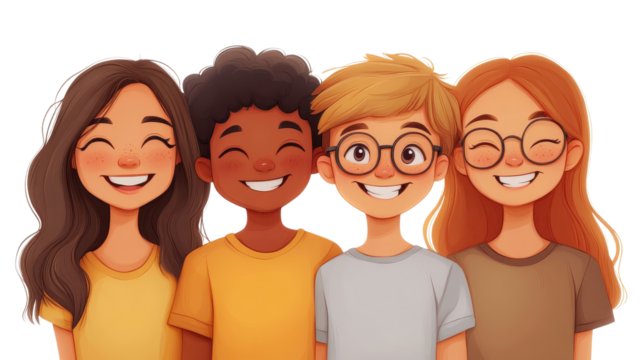 Happy Freshmen Students of Different Nationalities Hugging Together isolated on a white transparent background