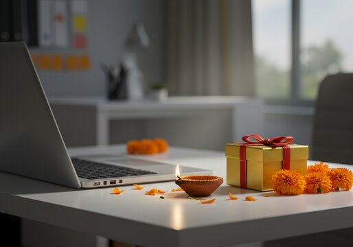 Diwali diwali celebration in office with laptop, gift box, and marigold flowers on desk, symbolizing festive spirit and worklife balance during the festival of lights - Powered by Adobe