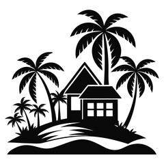 Obraz premium Black Silhouette of Tropical Island Scene with Palm Trees and Hut Illustration