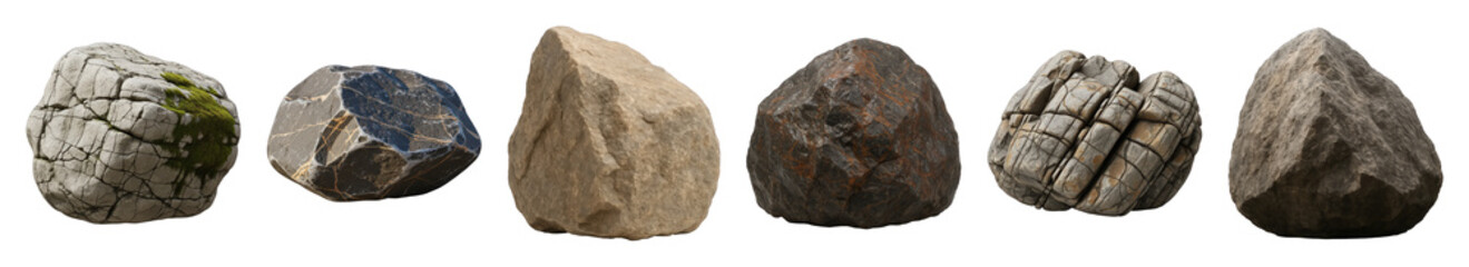 Rock set including cracked, mossy, dark, and light natural stone variations isolated. Earthy elements for design projects.