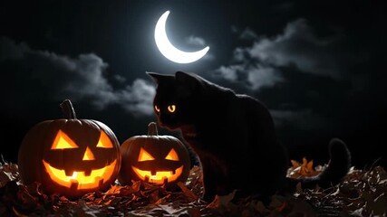 Black cat with glowing eyes beside carved jack o lanterns and pumpkin on fallen leaf covered ground under crescent moon, eerie autumn night atmosphere - Powered by Adobe