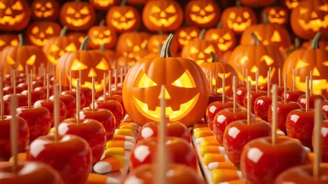 Jack o lantern carved pumpkin glowing among rows of candy apples and candy corn creating festive Halloween display with warm orange lighting
