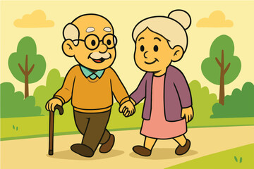 elderly couple walking in the park 
