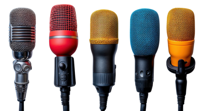 A collection of various microphones of different styles and type isolated on a white transparent background