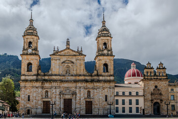 Fototapeta premium Bogotà, Colombia, 08.12.2025: view of the Metropolitan and Primate Cathedral Basilica of the Immaculate Conception and Saint Peter in Bolivar Square.