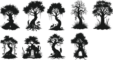 Mystical tree silhouettes, enchanted forest illustrations, fantasy trees with roots, mushrooms, animals, fairy tale cottage, magical nature, whimsical forest scenery