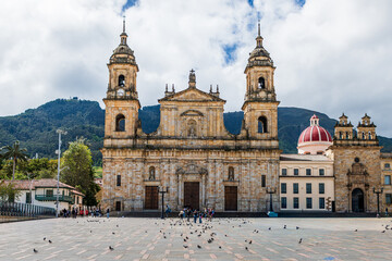 Fototapeta premium Bogotà, Colombia, 08.12.2025: view of the Metropolitan and Primate Cathedral Basilica of the Immaculate Conception and Saint Peter in Bolivar Square.