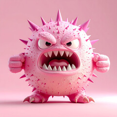 Naklejka premium 3D pink spiky monster, angry and yelling, small round body, clenched fists, sharp teeth. 