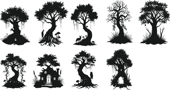 Mystical tree silhouettes, enchanted forest illustrations, fantasy trees with roots, mushrooms, animals, fairy tale cottage, magical nature, whimsical forest scenery