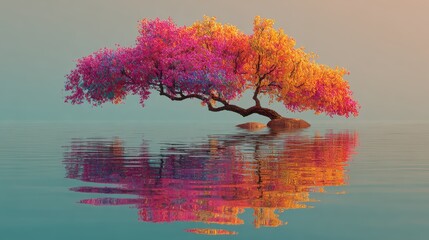 Serene water reflects single deciduous tree with vibrant pink and yellow leaves on small rocky island against dreamy blue sky