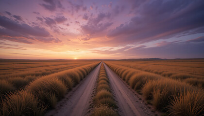A dusty dirt road stretches through a vast, golden grassland under a dramatic sunset sky with purple and orange clouds