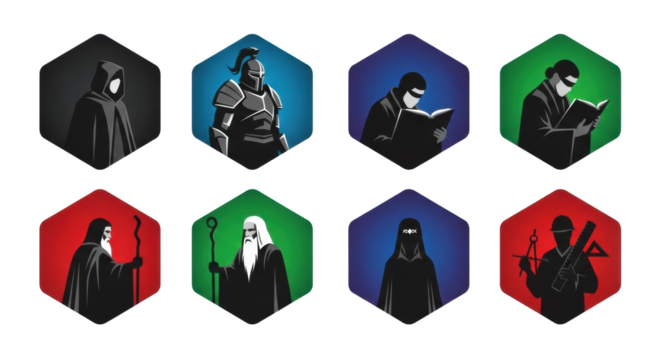 Eight abstract monochromatic vector icon silhouettes of archetypal human figures in hexagonal frames with jewel-toned backgrounds on a white grid, conceptual art of human archetypes