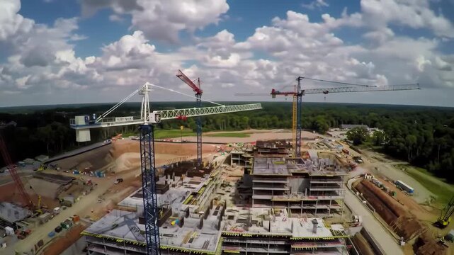 Dynamic construction site with towering cranes actively building modern structures under a dynamic sky