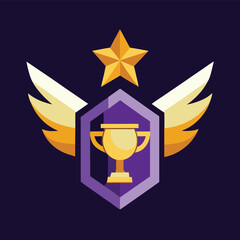 Golden trophy inside a purple shield with wings and a star, ideal for game achievements and badges, set against a dark backdrop