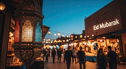 Obraz premium Eid mubarak street scene with lanterns and people at dusk