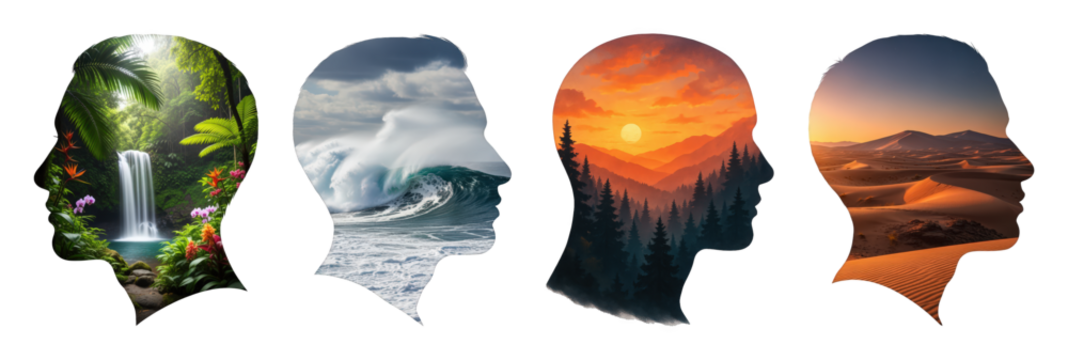 Human mind set including tropical waterfall, ocean wave, mountain sunset, and desert dunes isolated. Nature, psychology, and wellness concept.