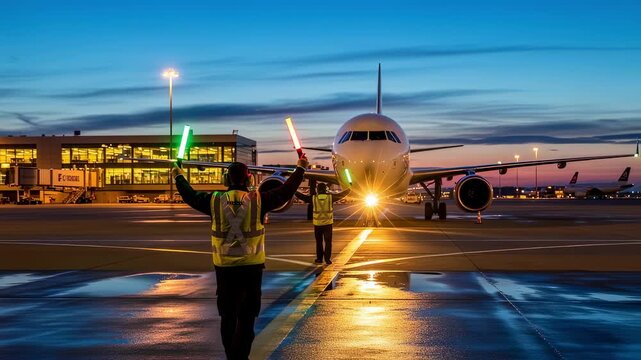 Ground personnel using neon batons to guide commercial airplane towards gate at twilight showcasing coordination and safety during evening airport operations.