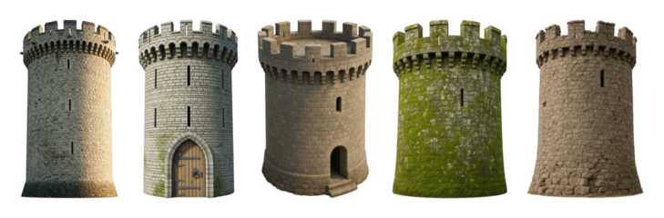 Castle tower set including medieval, stone, mossy, arched door, and simple designs isolated. Fantasy architecture and fortress elements.