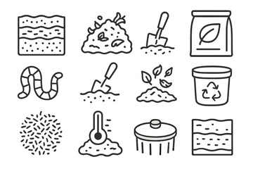 Soil and Compost Icons. Line style icons of soil and compost: soil layers, compost pile, earth icon, humus bag; worm icon, soil