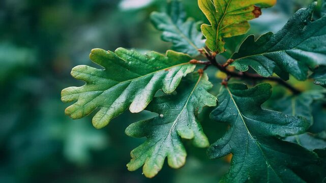 A close-up view of lush green oak leaves, showcasing their vibrant texture, natural patterns, and fresh foliage in a serene and healthy environment