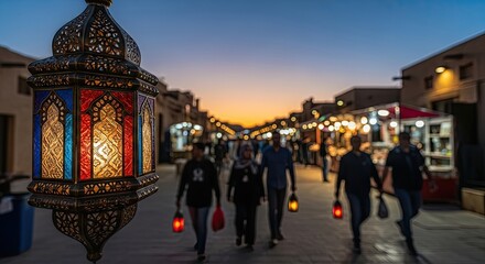 Obraz premium Traditional moroccan lantern illuminates a street at dusk with people walking