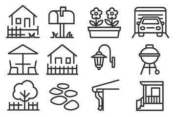 Outdoor Home Features Icons. Line style icons of outdoor home features: front lawn, mailbox, garden bed, driveway with car; patio