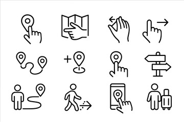 Navigation Icons. Line style icons of user navigation behavior: tap on pin, drag map hand, zoom gesture, swipe direction; route