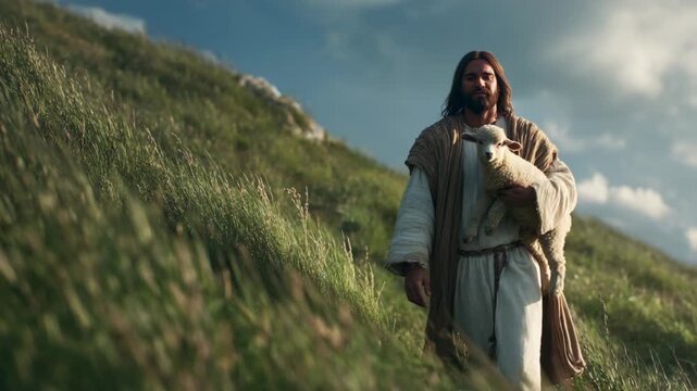 Jesus Christ walking on a green pasture hill, gently holding a lamb in His arm, symbolizing the parable of the Lost Sheep from Luke 15:4-7 &mdash; a scene of love, care, and divine compassion.